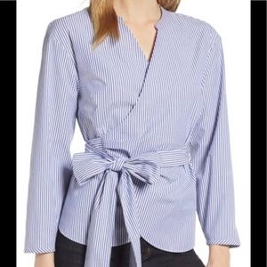 Lot of 2 LS Stretch Cotton Poplin Wrap Top White & blue/white striped Med Tall